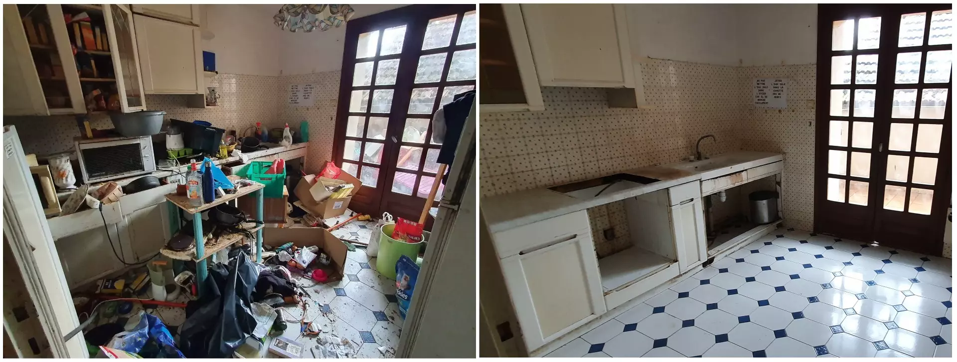 Avant et après un débarras DSO : cuisine très encombrée, puis entièrement vidée et nettoyée